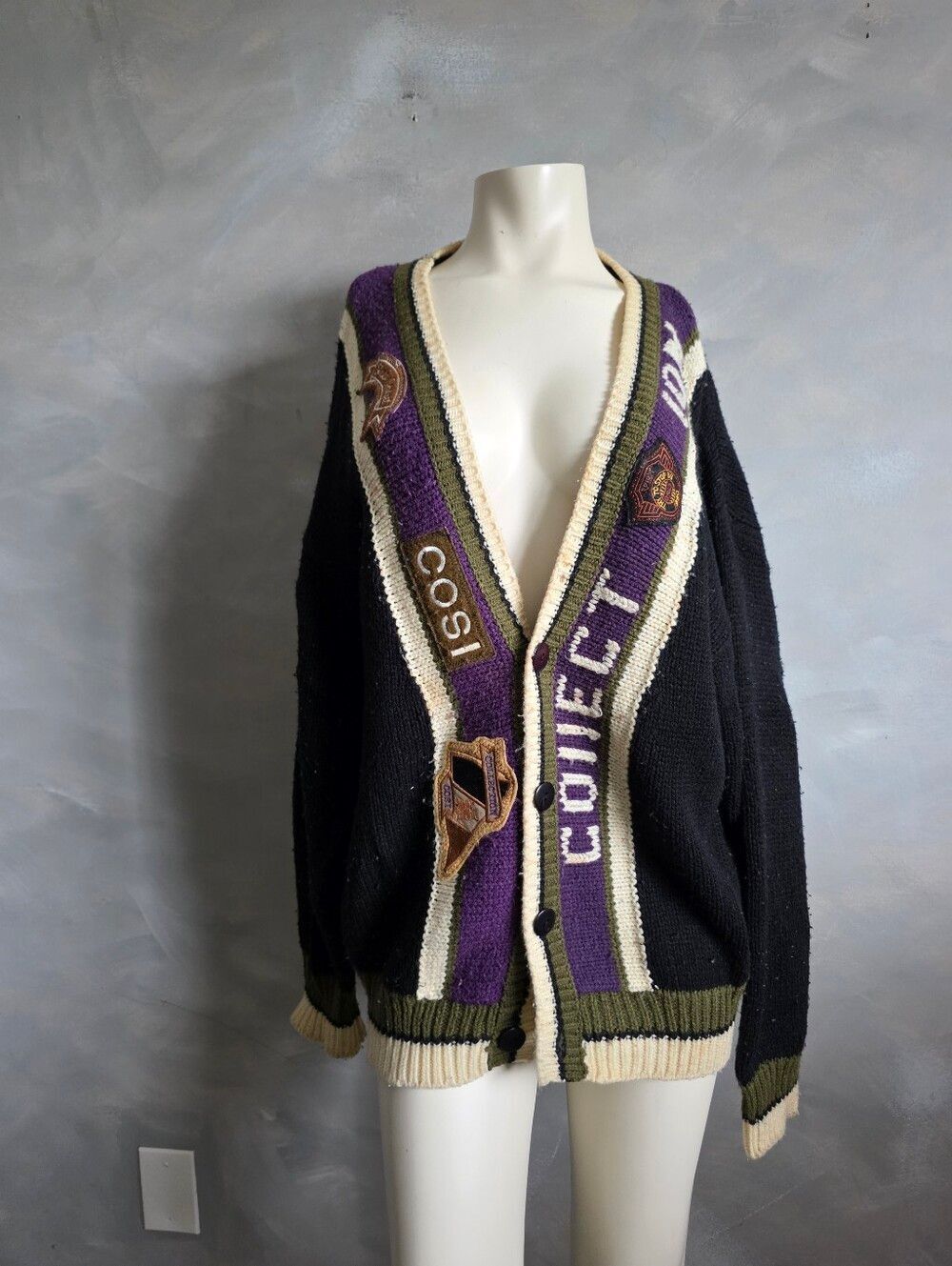 90s Rare COSI Vintage Collegiate Patchwork Knit Varsity Cardigan Old Money Sz M